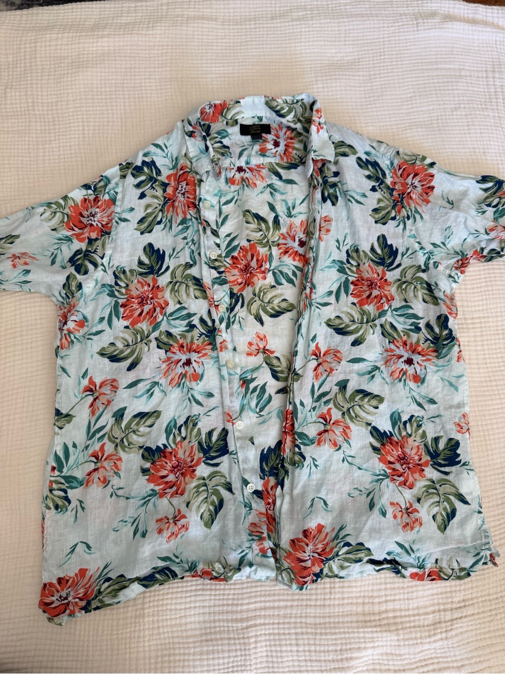 Linen Club Room Short-Sleeve Button-Up Shirt - Light Blue/Coral